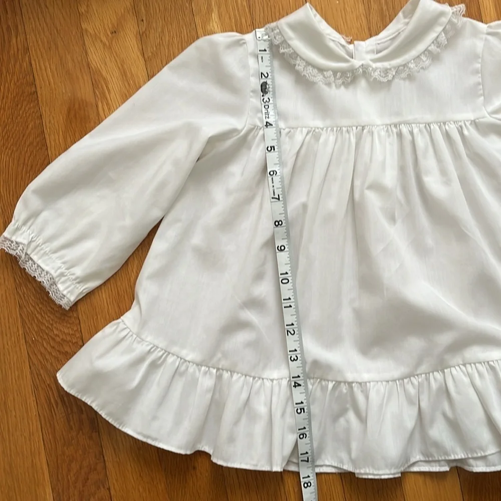 Vintage Child’s Lace Edged Collar Ruffle Hem White Holiday Blouse Top